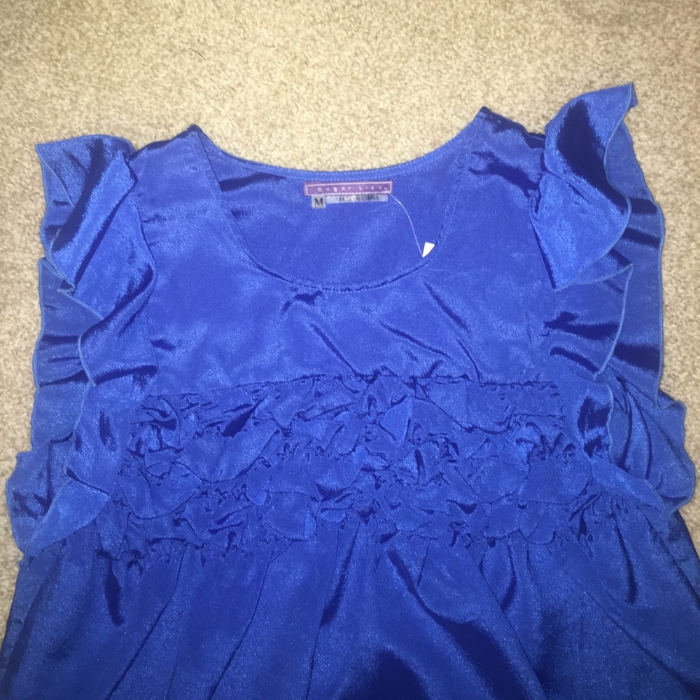 New Sugar Lips Ruffle Ruched Blue Top Medium - Picture 4 of 7